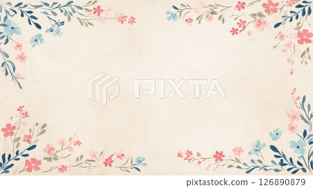 border of pastel watercolor vines and florals framing soft parchment background 126890879