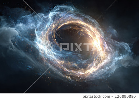 Abstract swirling smoke forming a glowing circular time portal, with vapor trails drifting in a dark, mystical void 126890880