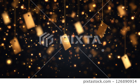 black glitter background with confetti bursts and floating price tags 126890914