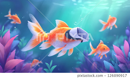 goldfish wearing VR goggles, experiencing a virtual ocean environment 126890917
