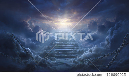 staircase of light leading upward from pile of broken chains, clouds parting above 126890925