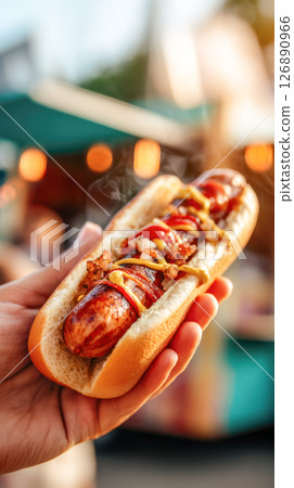 National Hot Dog Month. Hand holding a delicious hot dog topped with mustard and ketchup, showcasing vibrant colors and steam in a festive outdoor setting 126890966