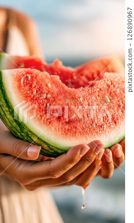 National Watermelon Month. Juicy watermelon slice held in hands, showcasing vibrant red flesh and green rind, perfect for summer enjoyment and refreshment 126890967
