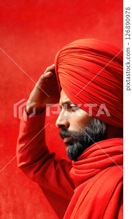 Man wearing vibrant red turban and shawl poses thoughtfully against a bold red background, showcasing cultural attire and expression of identity 126890978