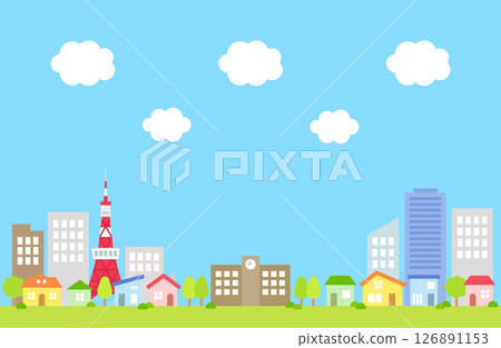 藍天，雲彩，城市，背景，插圖 126891153