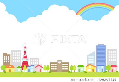 藍天、雲、積雨雲、彩虹、城市區域、背景、插圖 126891155