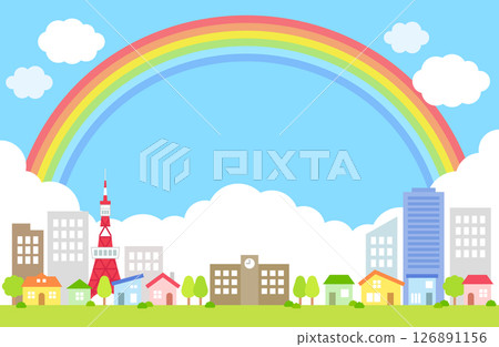 藍天，雲彩，彩虹，城市背景，插圖 126891156