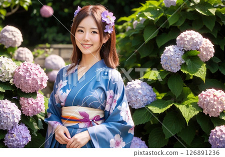 穿著浴衣的女人，繡球花背景“AI 生成圖像” 126891236