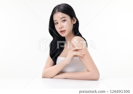 Glowing skin make up style of beautiful young Asian model isolated on white background. 126891300