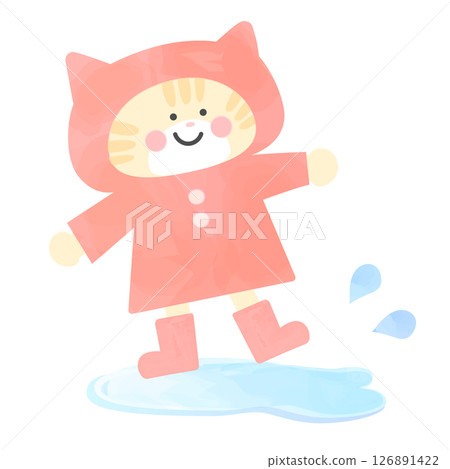A cat wearing a raincoat playing in a puddle A cat wearing a raincoat playing in a puddle 126891422