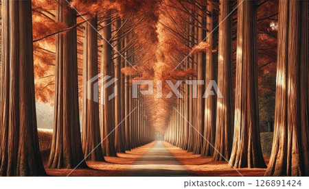 A tunnel of light leading to a tree-lined road lined with autumn leaves 2 126891424
