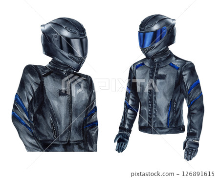 Set of two motorcyclists, Bikers woman, man. Motorcyclists girl, guy in moto gear, helmets with visor. Watercolor clip art illustrations isolated from background. Hand drawn riders for moto design Set of two motorcyclists, Bikers woman, man. Motorcyclists girl, guy in moto gear, helmets with visor. Watercolor clip art illustrations isolated from background. Hand drawn riders for moto design 126891615