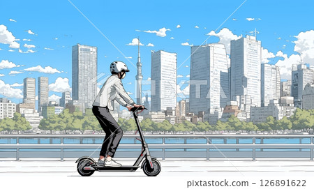 一位商務人士騎著小型摩托車在城市中穿梭 126891622