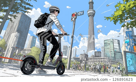 一位商務人士騎著小型摩托車在城市中穿梭 126891623