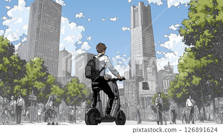 A business person traveling in the city on a small scooter 126891624