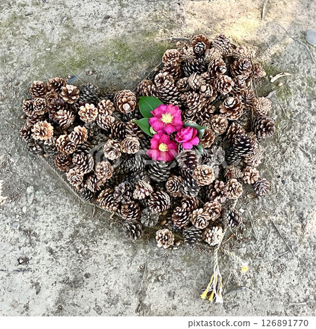 Heart made of pine cones and flowers 126891770
