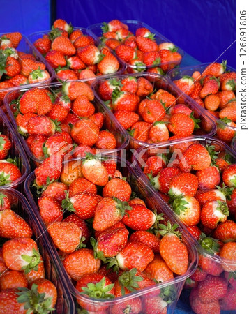 Strawberry boxes of freshly picked strawberries. fresh strawberries on the market in boxes 126891806
