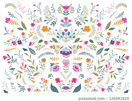 Vector collection of colorful beautiful flowers, plants. Folk art floral set. 126891829