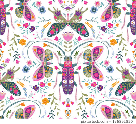 Vector seamless pattern with ornate insects, beetles, butterflies. Folk art floral natural endless background. 126891830