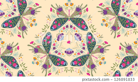 Vector seamless pattern with ornate insects, beetles, butterflies. Folk art floral natural endless background. Vector seamless pattern with ornate insects, beetles, butterflies. Folk art floral natural endless background. 126891833