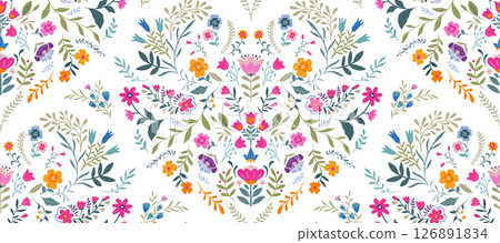 Vector seamless pattern with ornate insects, beetles, butterflies. Folk art floral natural endless background. Vector seamless pattern with ornate insects, beetles, butterflies. Folk art floral natural endless background. 126891834