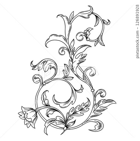 Baroque Scroll element engraving Ornament. Victorian filigree decoration element, Floral flourish Graphic vector illustration 126891928