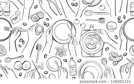 Cooking Hands Line Seamless Pattern. Vector Background Cooking Hands Line Seamless Pattern. Vector Background 126892131