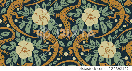 Lizard Animal and Botanical Medieval Seamless Pattern Lizard Animal and Botanical Medieval Seamless Pattern 126892132