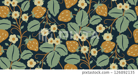 Strawberry Botanical Medieval Seamless Pattern in Victorian Style Strawberry Botanical Medieval Seamless Pattern in Victorian Style 126892135