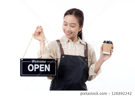 Portrait young asian barista woman wearing apron holding open sign and coffee cup. 126892242