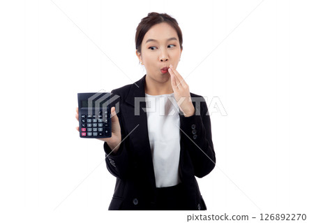 Portrait young asian businesswoman using calculator for calculate expense and budget for saving. Portrait young asian businesswoman using calculator for calculate expense and budget for saving. 126892270