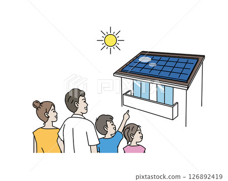 太陽能發電,圖示一家人在家中安裝太陽能板 太陽能發電,圖示一家人在家中安裝太陽能板 126892419