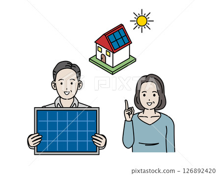 Illustration of a middle-aged couple installing solar panels on their home 126892420