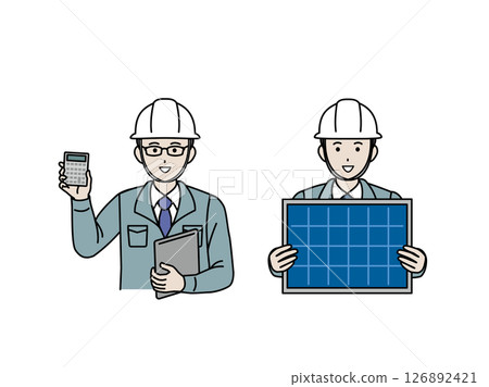 Illustration of an electrician giving an estimate and explaining about solar power generation and solar panels 126892421