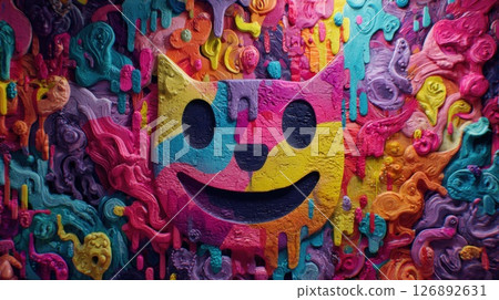 Vibrant Dripping Abstract Emojis Mural With Playful Multicolored Cat Face Art 126892631