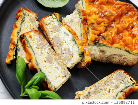 Sausage Cheesy Egg breakfast casserole, top view 126892711