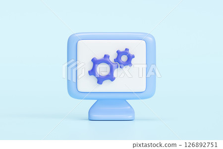 3d Computer monitor cartoon with gear isolated on blue background. minimal design, 3d illustration render. 126892751