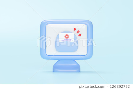 3D Computer monitor with envelope, at symbol isolated on blue background. notify newsletter, online social network, incoming email concept, minimal design, cartoon style, 3d illustration render. 3D Computer monitor with envelope, at symbol isolated on blue background. notify newsletter, online social network, incoming email concept, minimal design, cartoon style, 3d illustration render. 126892752