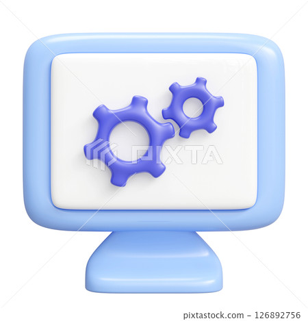 3d Computer monitor cartoon with gear isolated. minimal design, 3d illustration render. 126892756