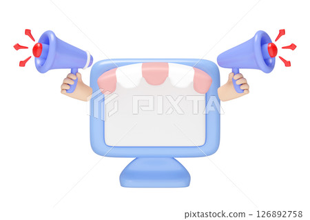 3D Computer monitor store front with hand holding megaphone isolated. announce promotion news for social media networks, online marketing shopping concept, cartoon style.3d render illustration 126892758