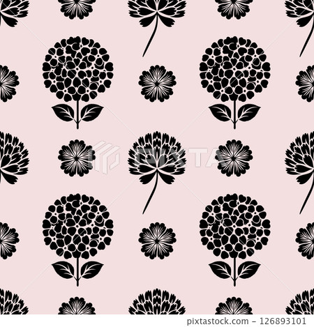 Seamless pattern featuring floral and folk art elements with silhouettes in a nordic style for decoration and illustration 126893101
