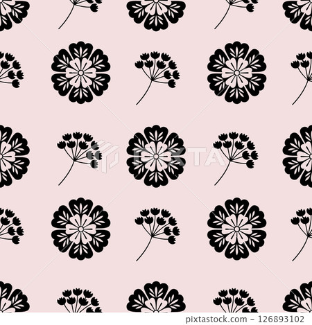 Seamless floral pattern featuring folk art silhouettes with a nordic design in a soft beige background for an ethnic decorative touch 126893102