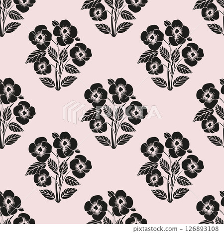 Seamless floral pattern showcasing traditional folk art designs with silhouettes of flowers and leaves on a soft beige background 126893108