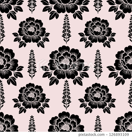 Seamless floral pattern in folk art style featuring traditional black silhouettes of flowers and leaves on a soft beige background 126893109
