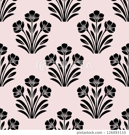 Seamless pattern featuring floral folk art design with symmetrical silhouettes and decorative elements for a nordic inspiration 126893110