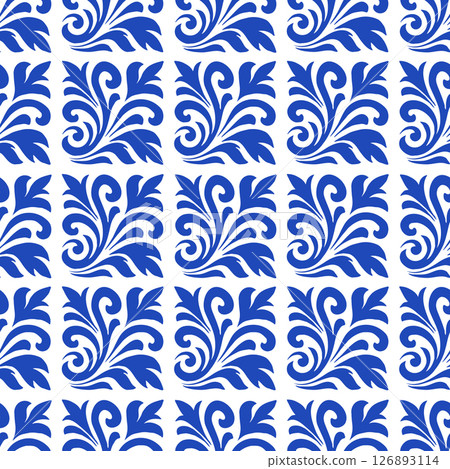 Seamless floral pattern in folk art style featuring traditional blue and white design with leaf motifs and symmetrical reflections 126893114