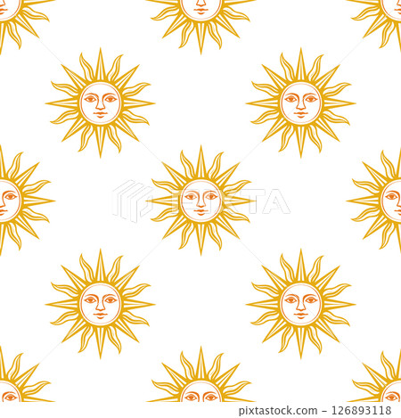 Seamless pattern featuring sun motifs with detailed faces in golden hues on a white background for a bright and cheerful design Seamless pattern featuring sun motifs with detailed faces in golden hues on a white background for a bright and cheerful design 126893118