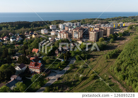 Baltic sea coastline with Svetlogorsk town. Aerial view 126893228