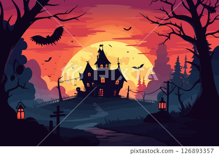 Haunted mansion silhouette under a vibrant sunset with bats flying and trees lining the path Haunted mansion silhouette under a vibrant sunset with bats flying and trees lining the path 126893357