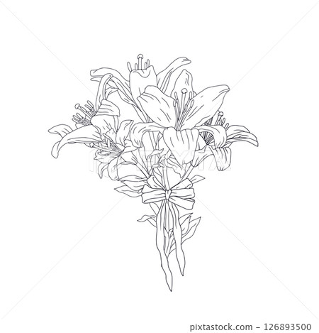Hand drawn line art monochrome lily flowers beautiful romantic bouquet with cute bow knot 126893500